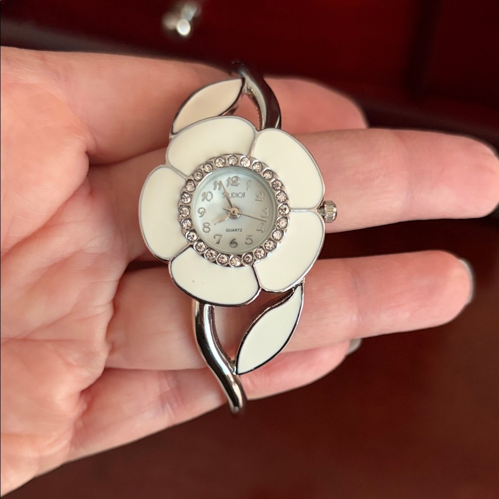 Studio White and Silver Floral Cuff Watch
